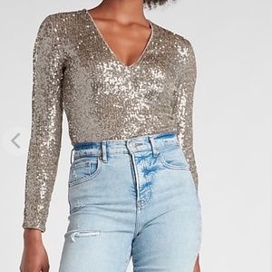 Sequin Deep V-Neck Thong Bodysuit